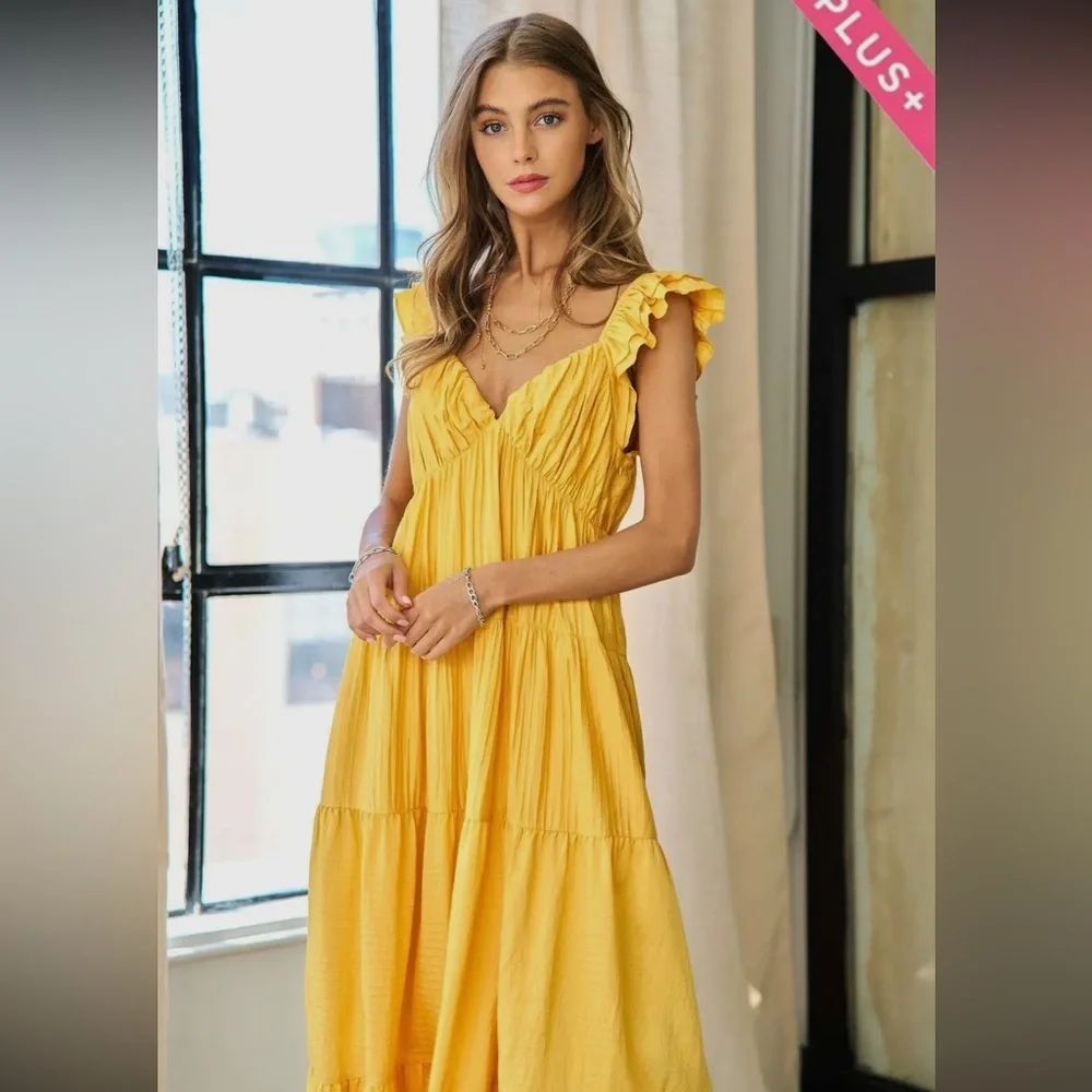 11. Women's Crinkled Fabric Ruffle Sleeve Deep V-Neck Maxi Dress - Picture 7 of 7